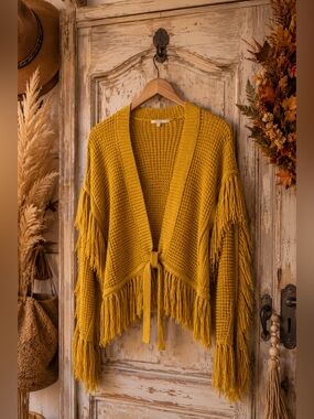 Tularosa Selena Mustard Fringe Tie Front Cardigan Medium Boho  Festival Sweater